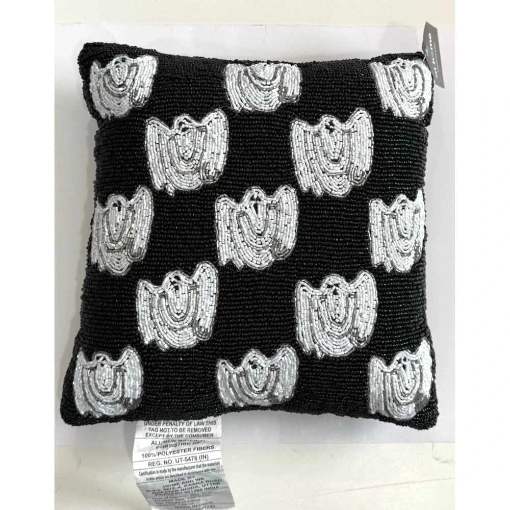 Beaded Halloween Square Pillow Black & White 